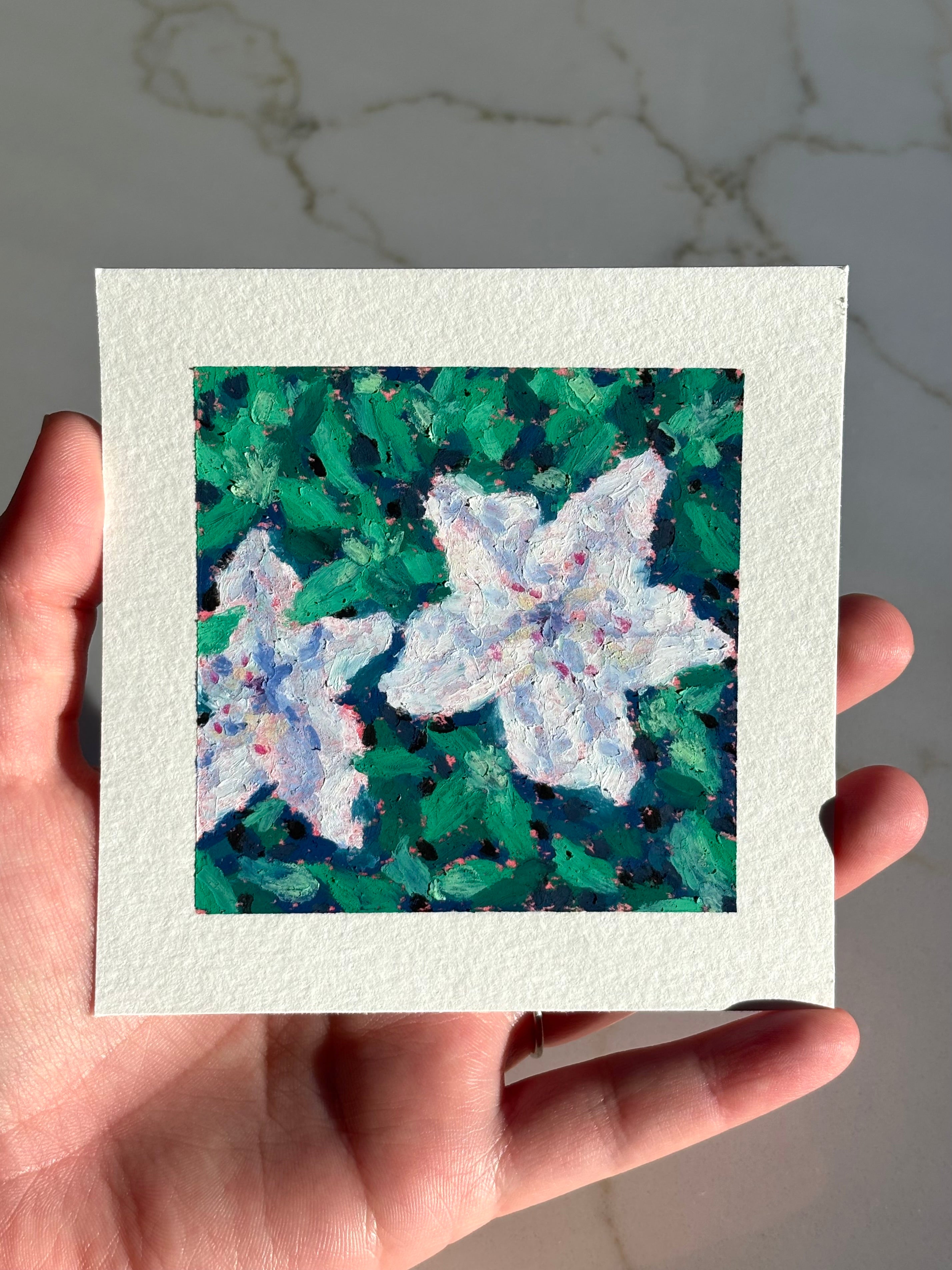 White Azaleas 4x4 Original Oil Pastel Drawing