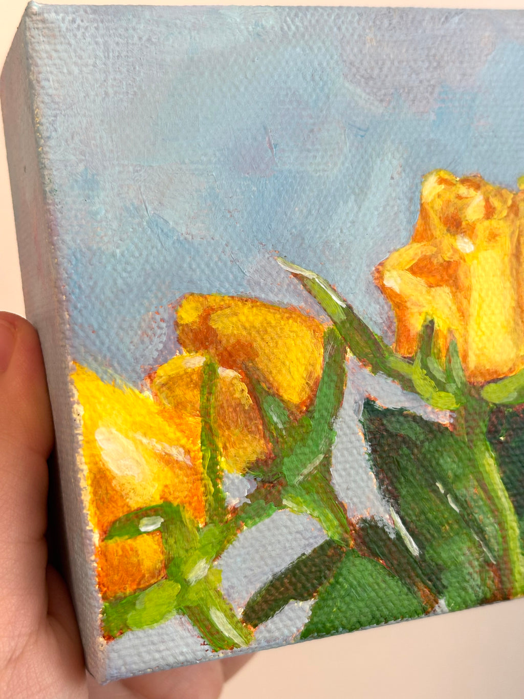 Yellow Roses in the Sun 4x4 Acrylic Painting on Canvas