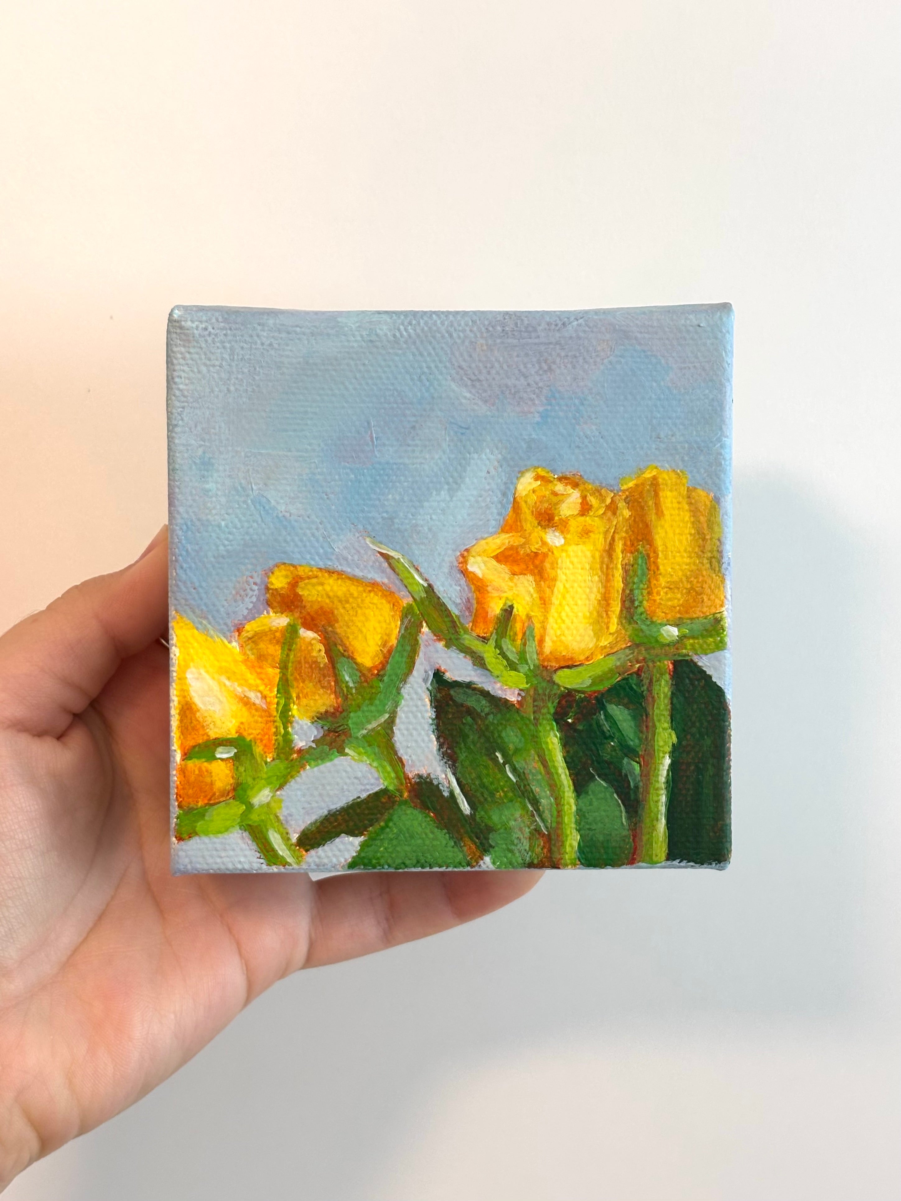 Yellow Roses in the Sun 4x4 Acrylic Painting on Canvas