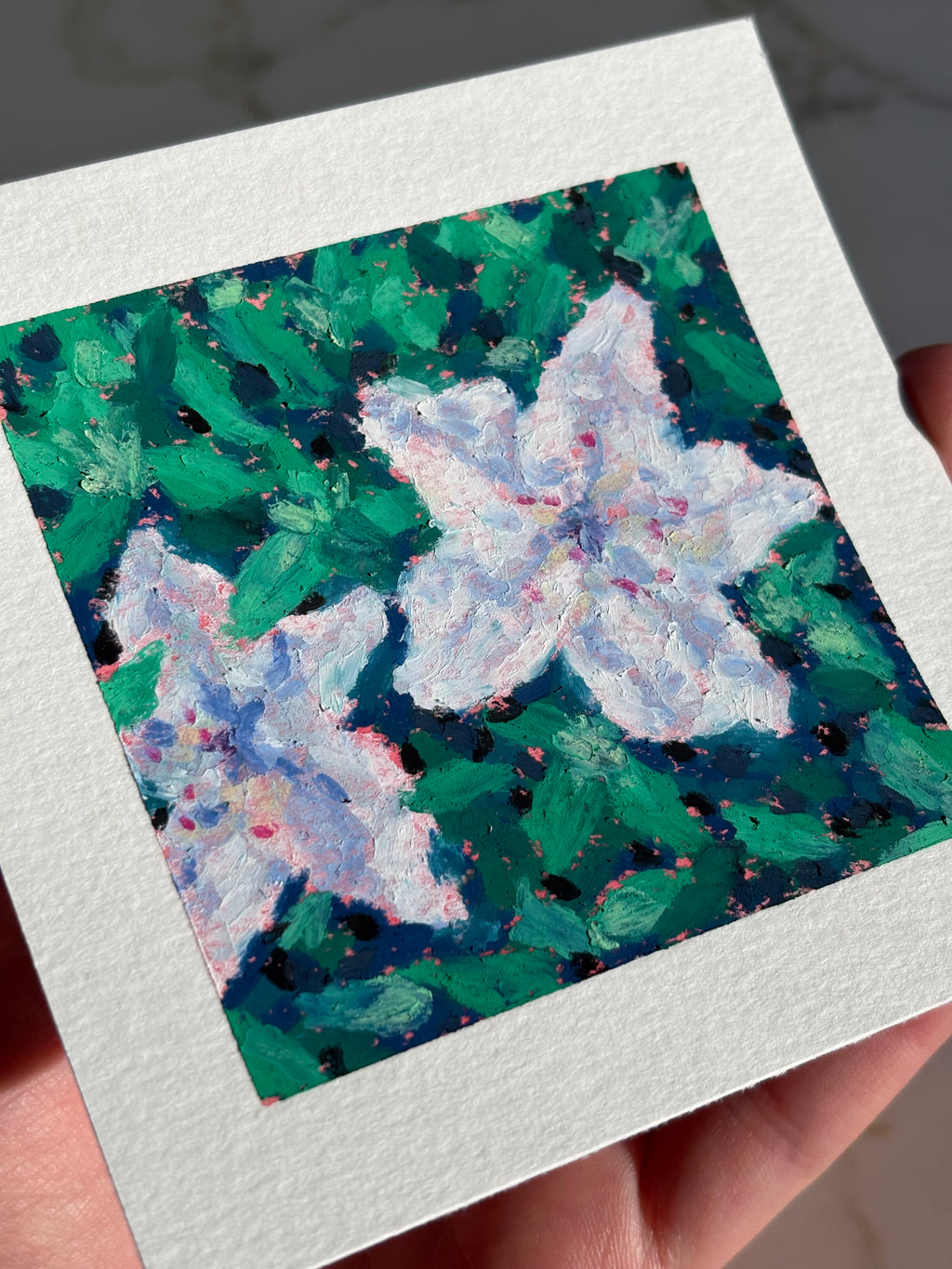 White Azaleas 4x4 Original Oil Pastel Drawing