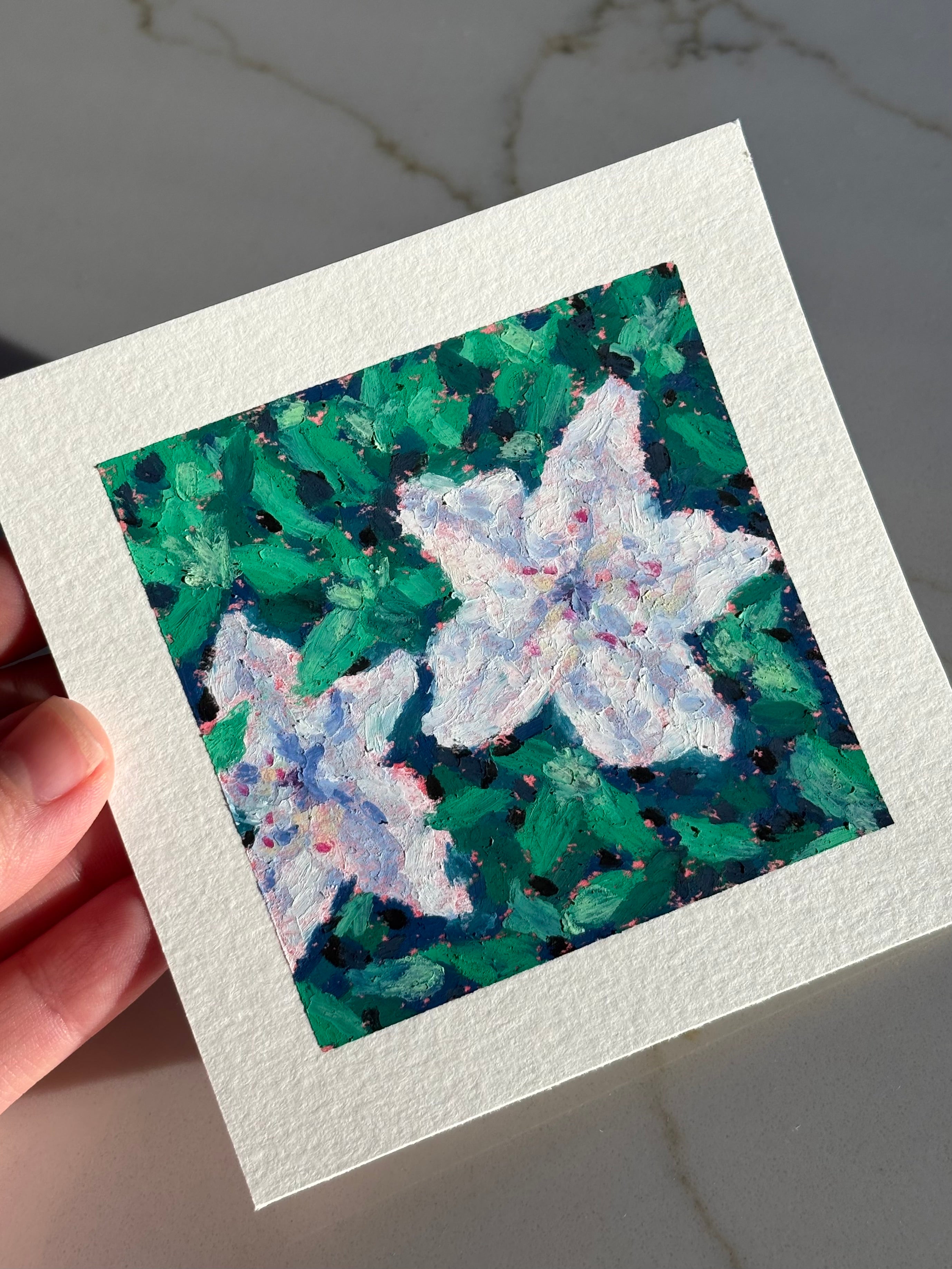 White Azaleas 4x4 Original Oil Pastel Drawing