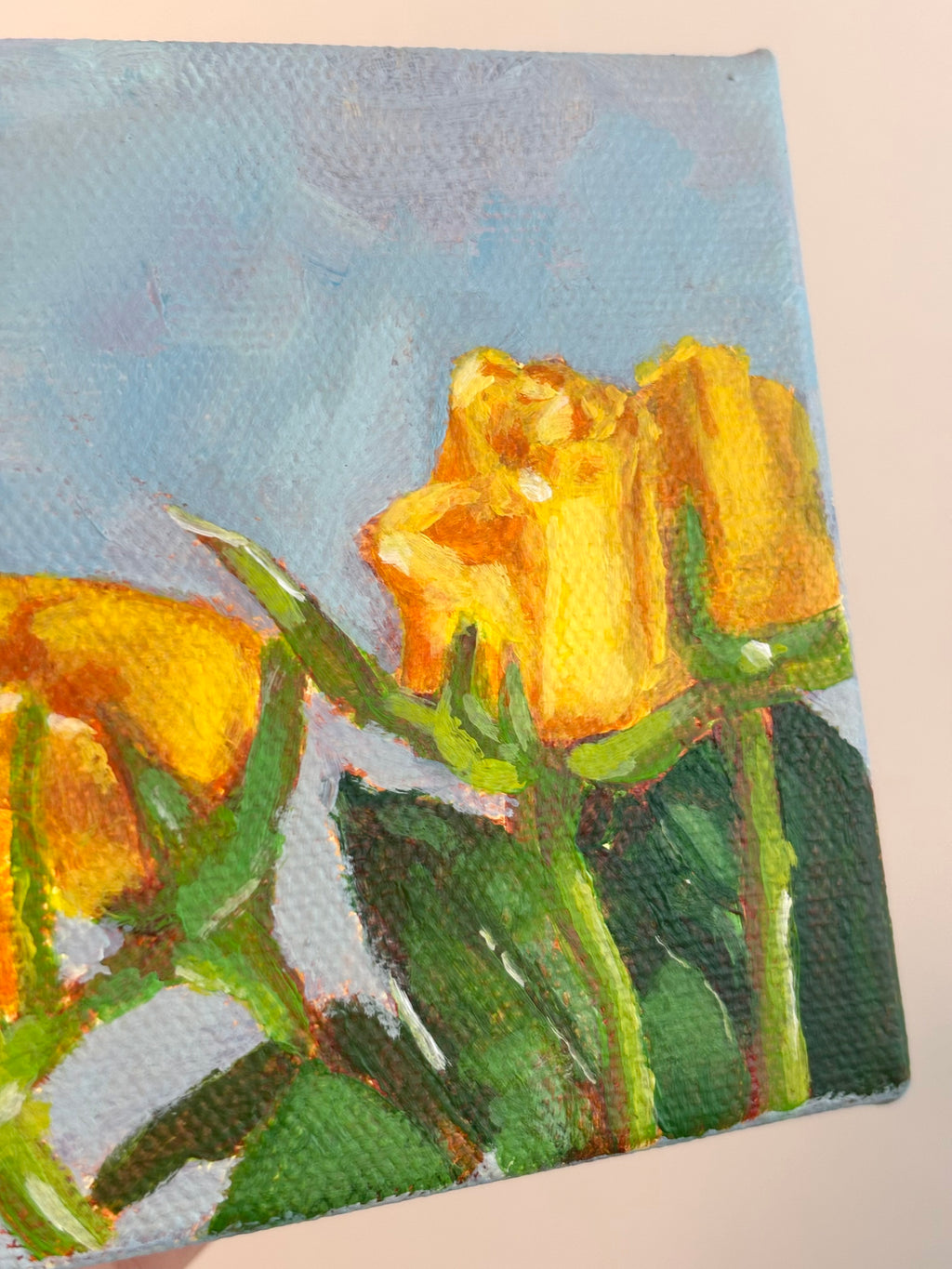 Yellow Roses in the Sun 4x4 Acrylic Painting on Canvas