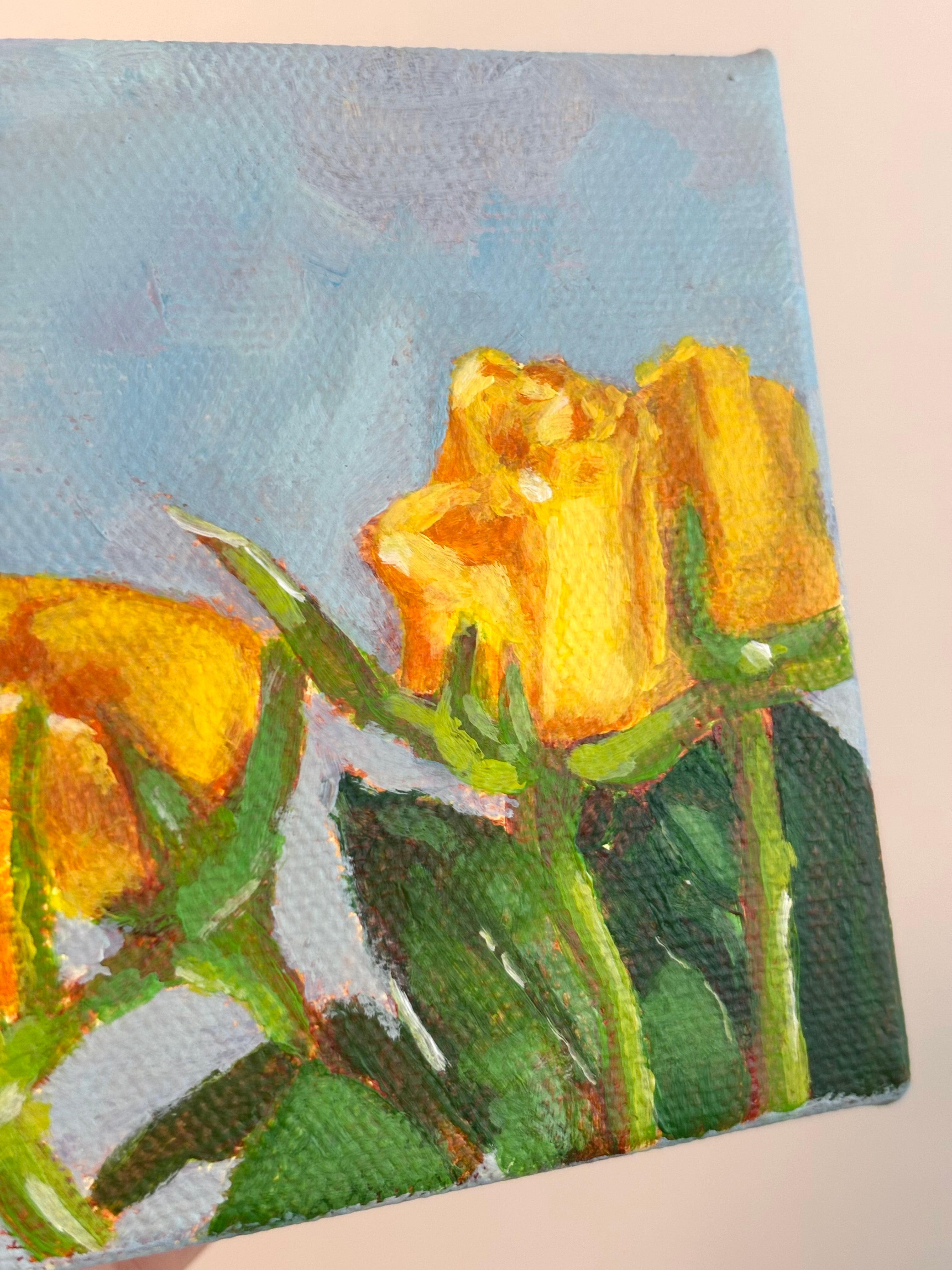 Yellow Roses in the Sun 4x4 Acrylic Painting on Canvas