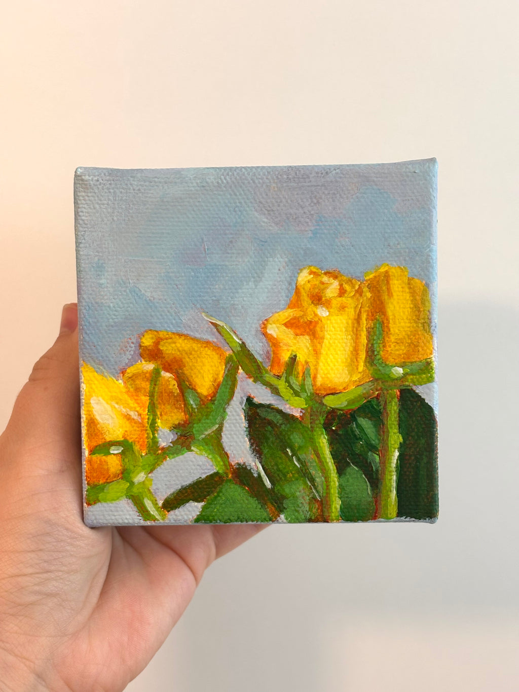 Yellow Roses in the Sun 4x4 Acrylic Painting on Canvas