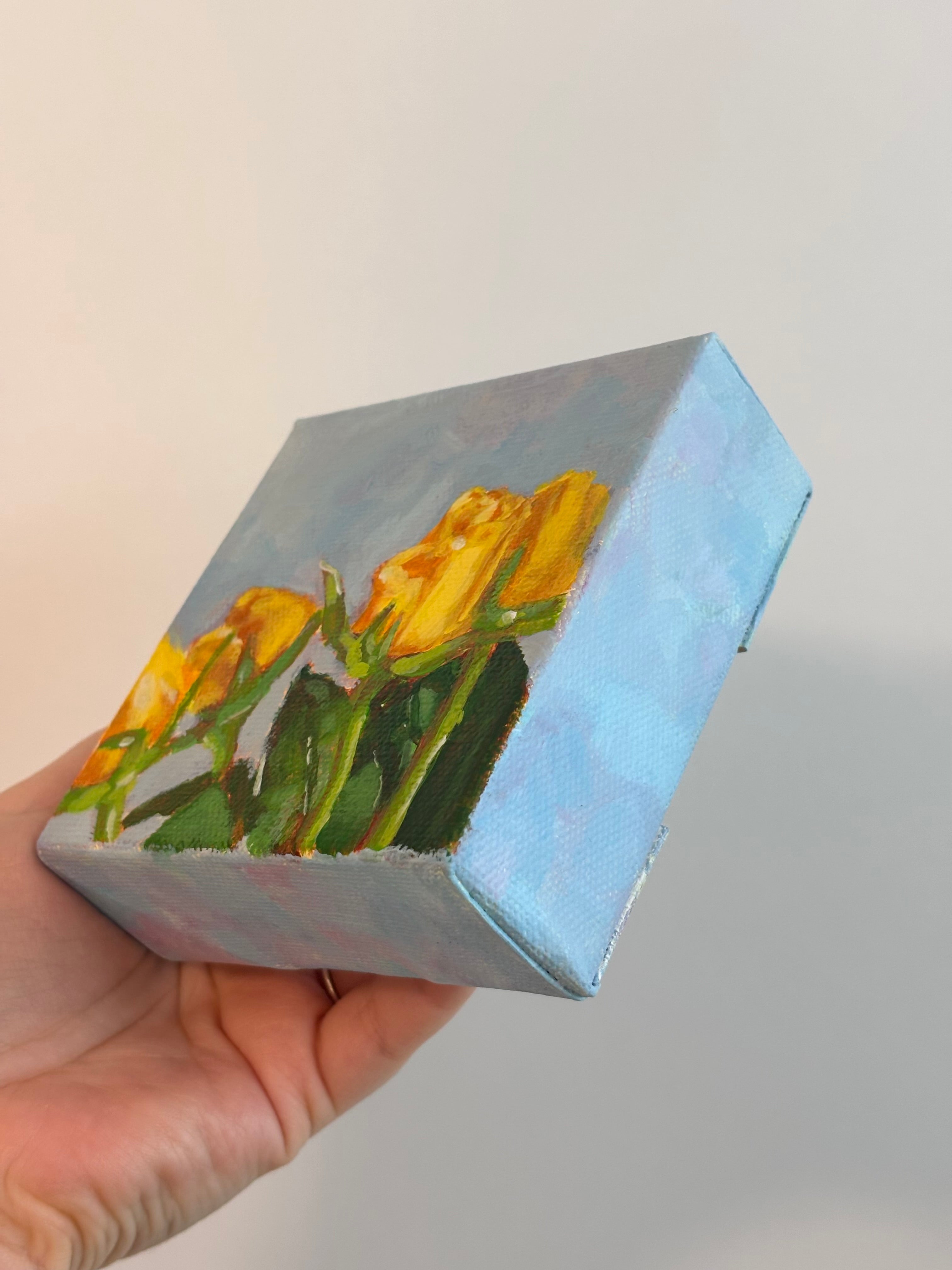 Yellow Roses in the Sun 4x4 Acrylic Painting on Canvas